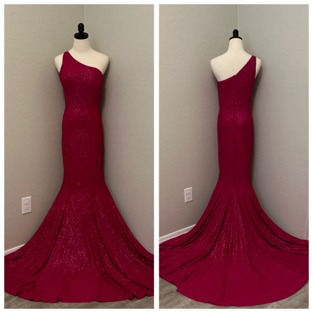 🔴CLEARANCE NEW JOVANI SZ 6 MAGENTA SHIMMER ONE SHOULDER FORMAL EVENING GOWN - Picture 3 of 16